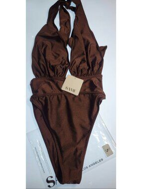 SAME Los Angeles One Piece Swimsuit Brown Halter High Cut Cheeky NWT Size S